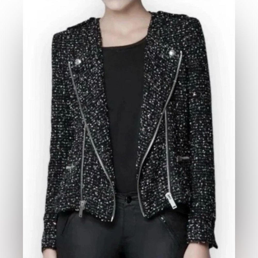 Zara Women Black Fantasy Fabric Boucle Tweed Moto Jacket Sz S Sequined Bikercore